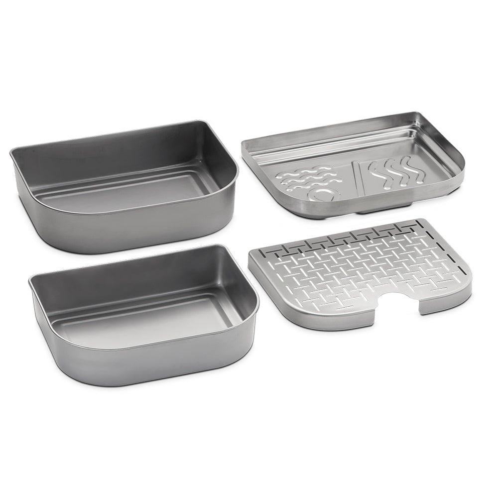 Grill expansion kit with four gray metal trays and grates