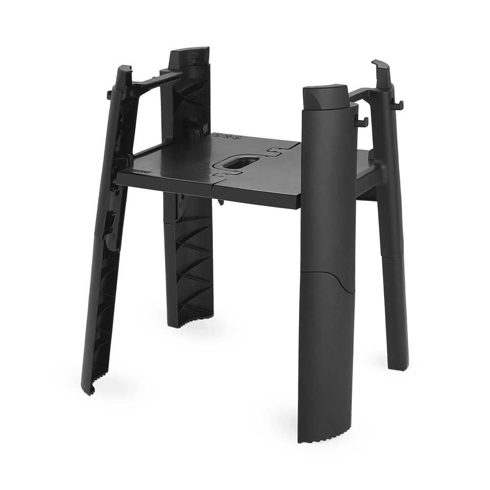 Weber Lumin stand with side table, black tabletop and side shelf with tool cutouts