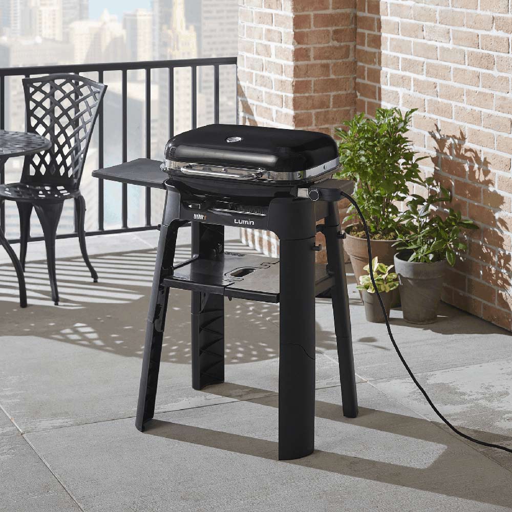 Weber Lumin stand with side table, black metal with grill top and side shelf