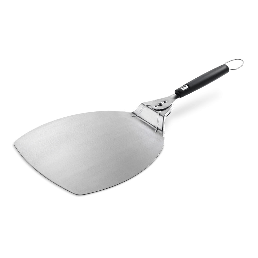 Stainless steel pizza paddle with black handle and angled metal blade