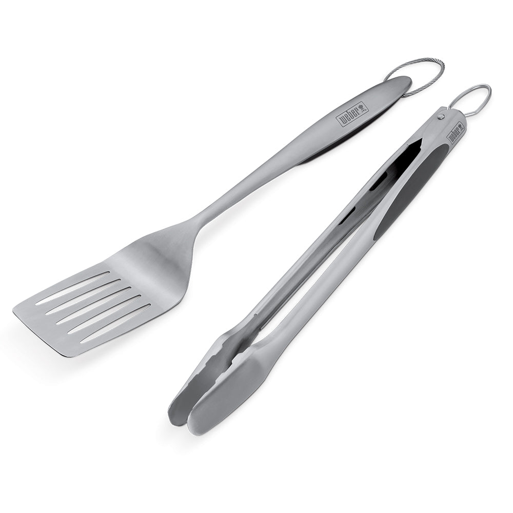 Stainless steel grill tongs and slotted spatula set with loop handles