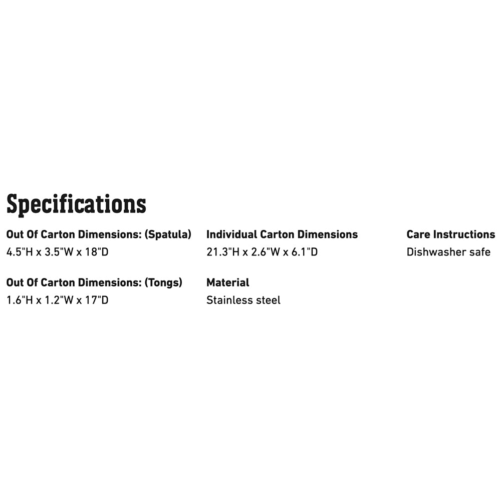 Specifications text card with dimensions and dishwasher-safe care for grill tools