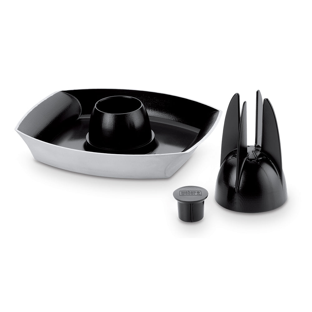 Weber poultry roaster tray with center stand insert and black accessory caps