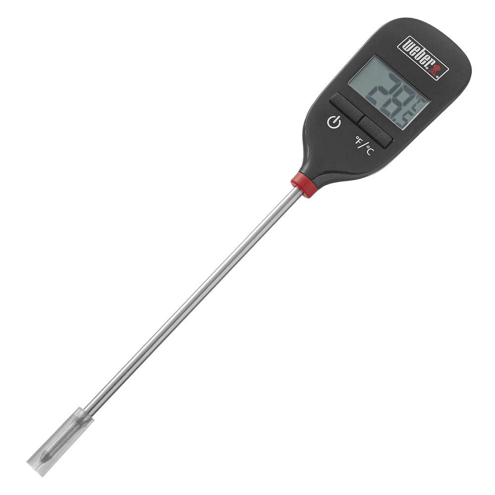 Weber instant-read thermometer with metal probe and digital display, dark handle