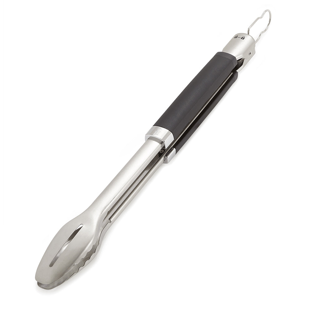 Stainless steel grill tongs with black handle and forked ends