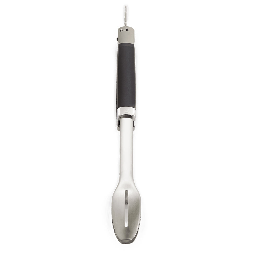 Stainless steel grill tongs with black-and-silver handle and fork tip