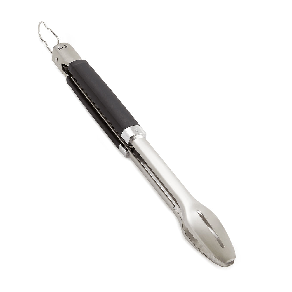 Grill tongs with black grip, silver shaft, and forked serving end