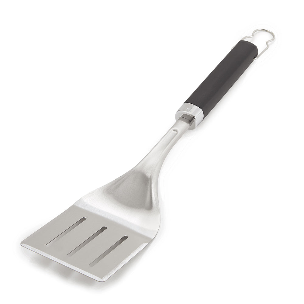 Stainless steel grill spatula with slotted head and black handle