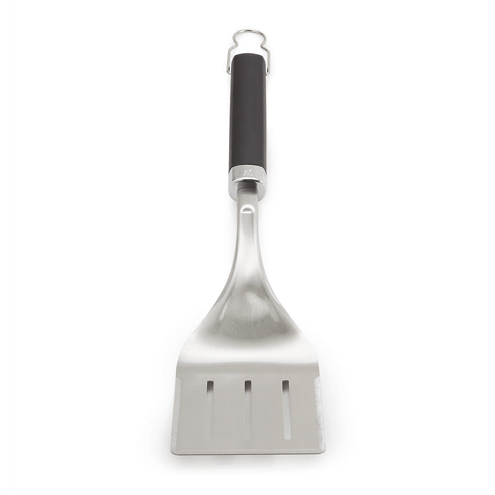 Stainless steel grill spatula with black handle and slotted head