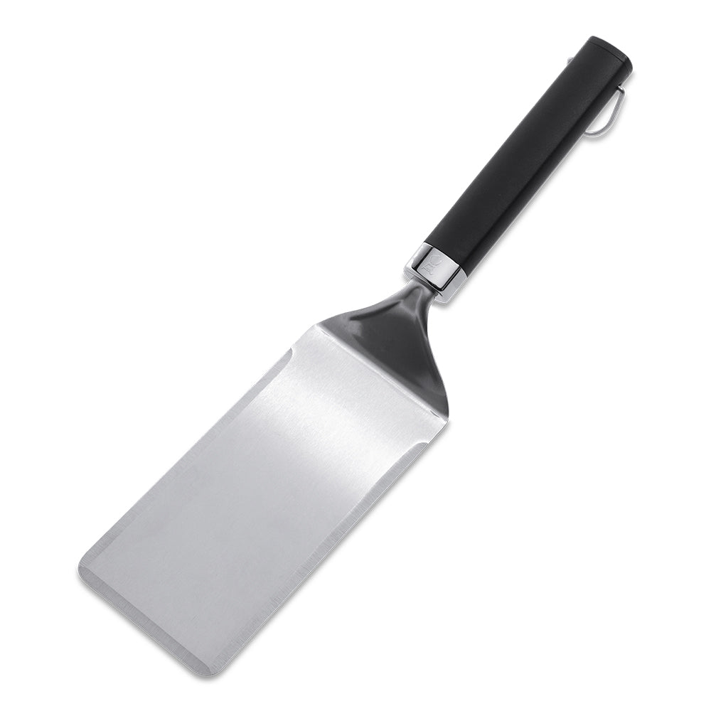 Weber griddle spatula with stainless steel blade, black handle, hanging loop