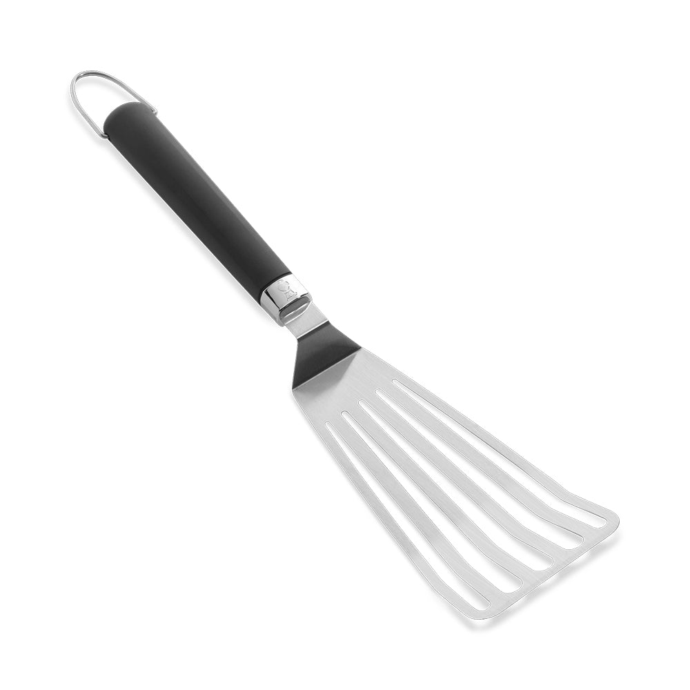 Weber flexible griddle spatula with black handle and slotted metal head
