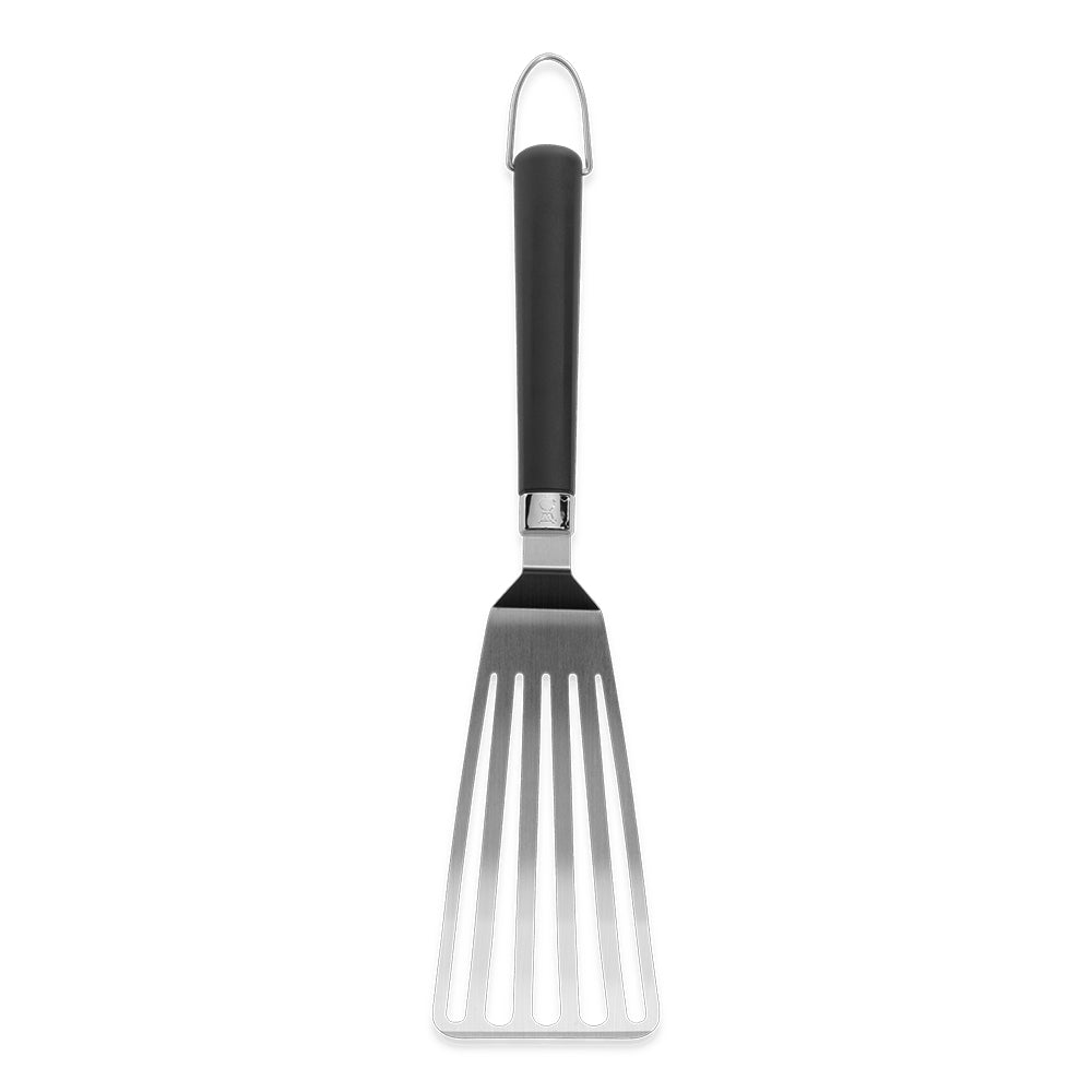 Weber flexible griddle spatula, black handle with hanging loop, slotted head