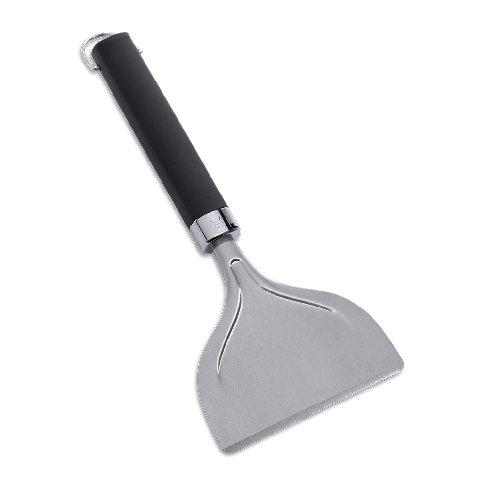 Weber griddle scraper with grey metal blade and black handle