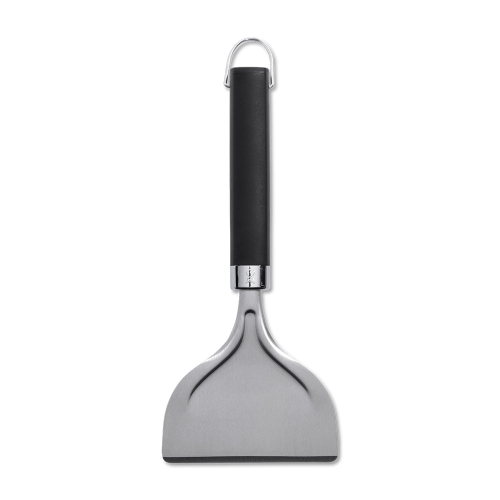 Weber griddle scraper upright view, black handle with metal blade