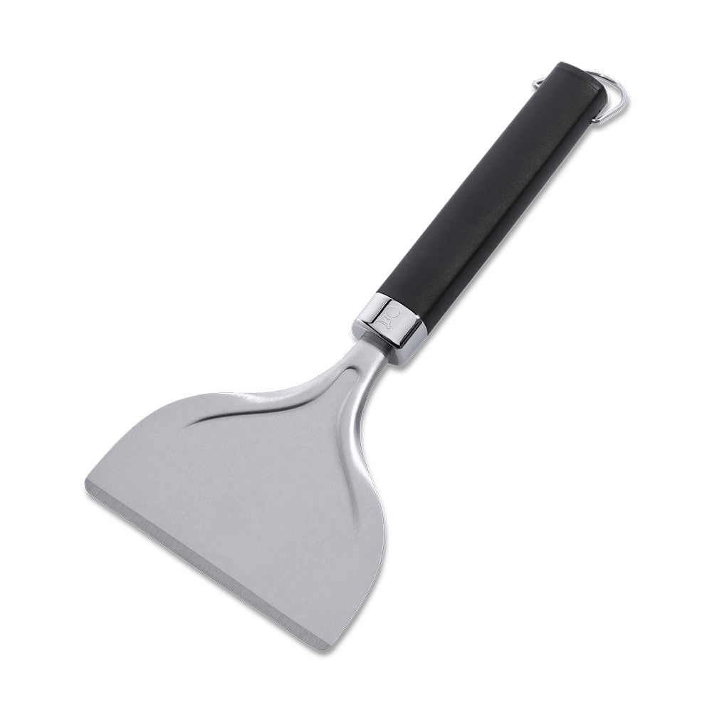 Weber griddle scraper angled, grey triangular blade with black cushioned handle