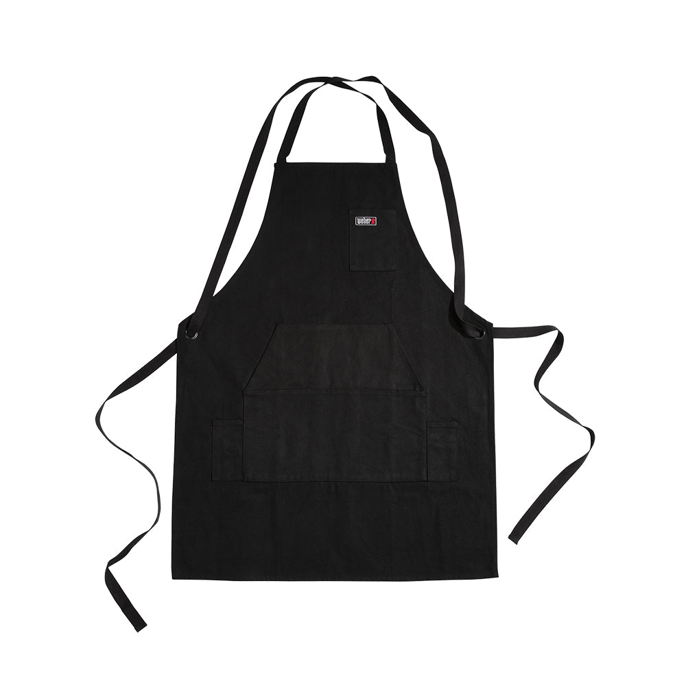 Black crossback apron with front pocket and adjustable neck and waist ties