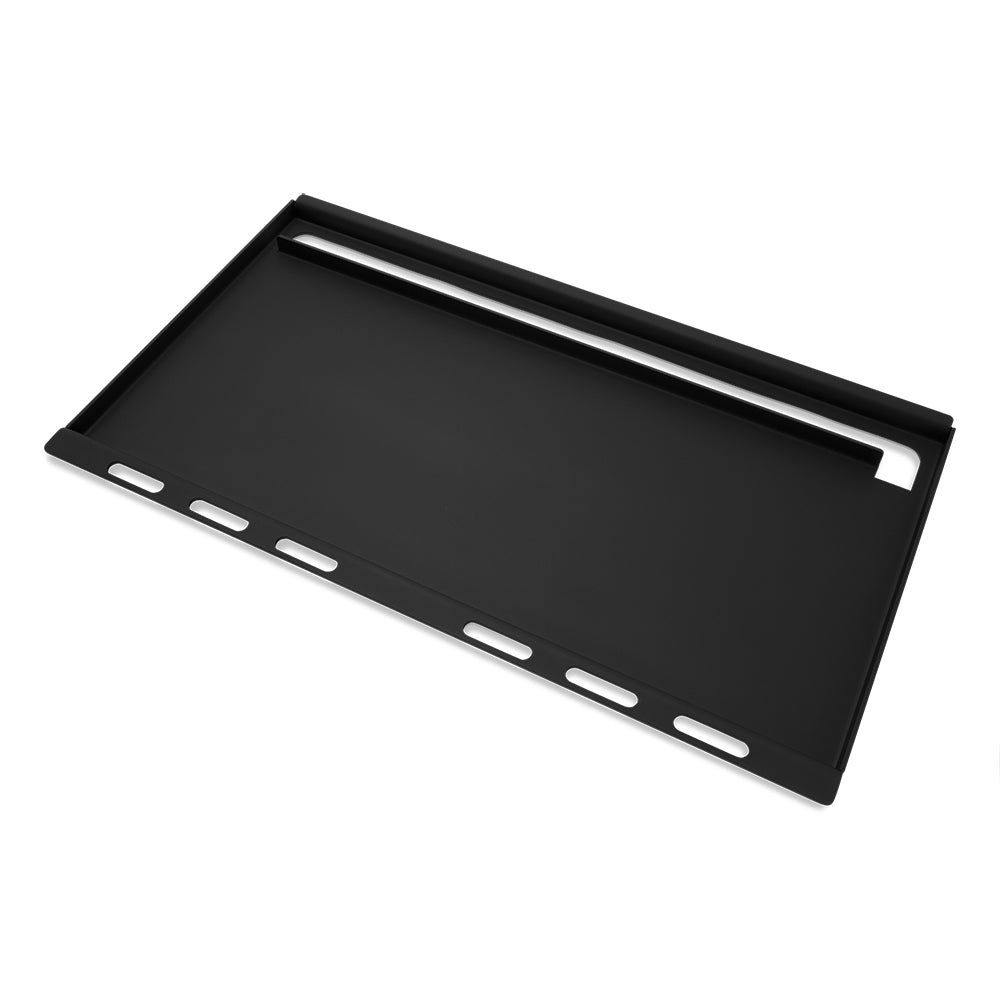 Weber full-size griddle, black rectangular cooking surface with drainage slots along edges
