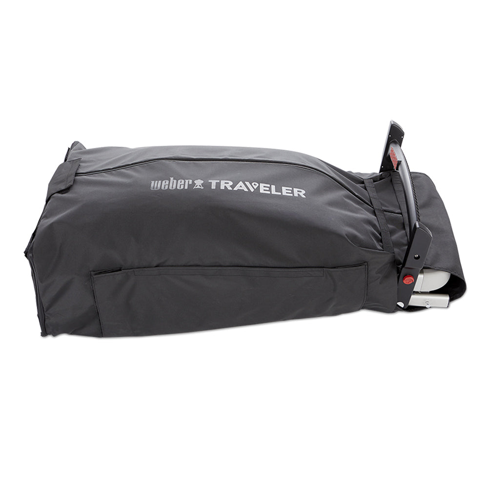 Grill cover and cargo protector for Weber Traveler, dark gray with logo and side strap