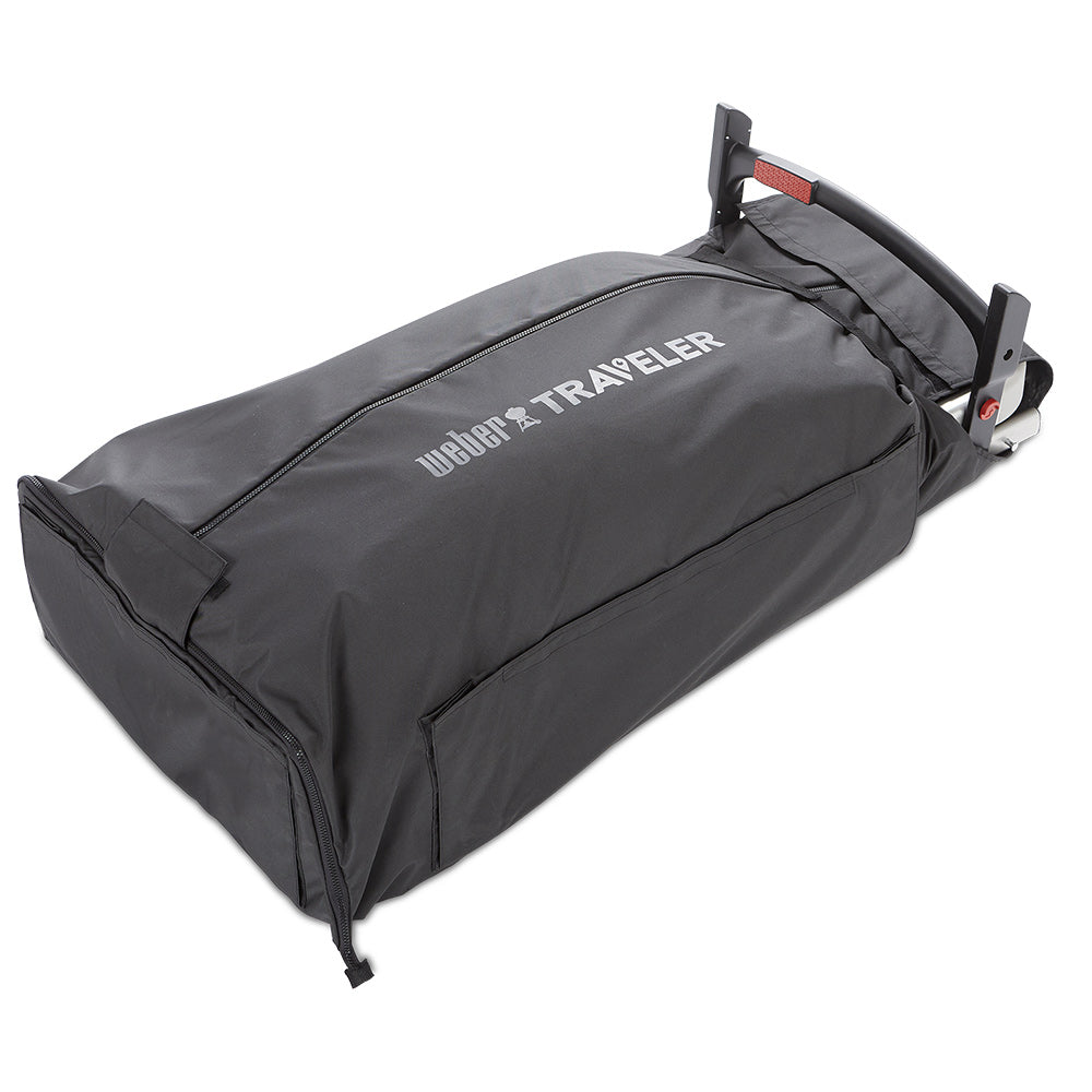 Grill cover and cargo protector bag, dark gray with Weber Traveler logo and end handle strap