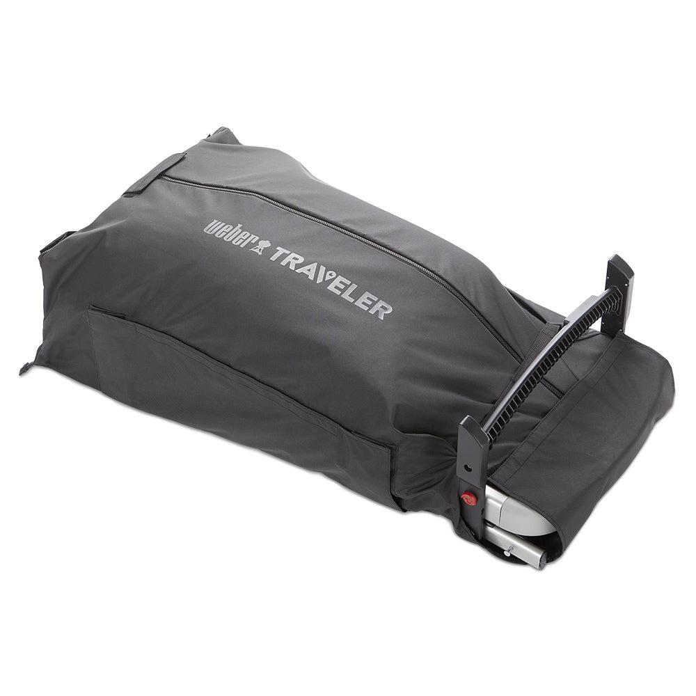 Grill cover with side support clip and dark gray fabric, Weber Traveler logo on top panel