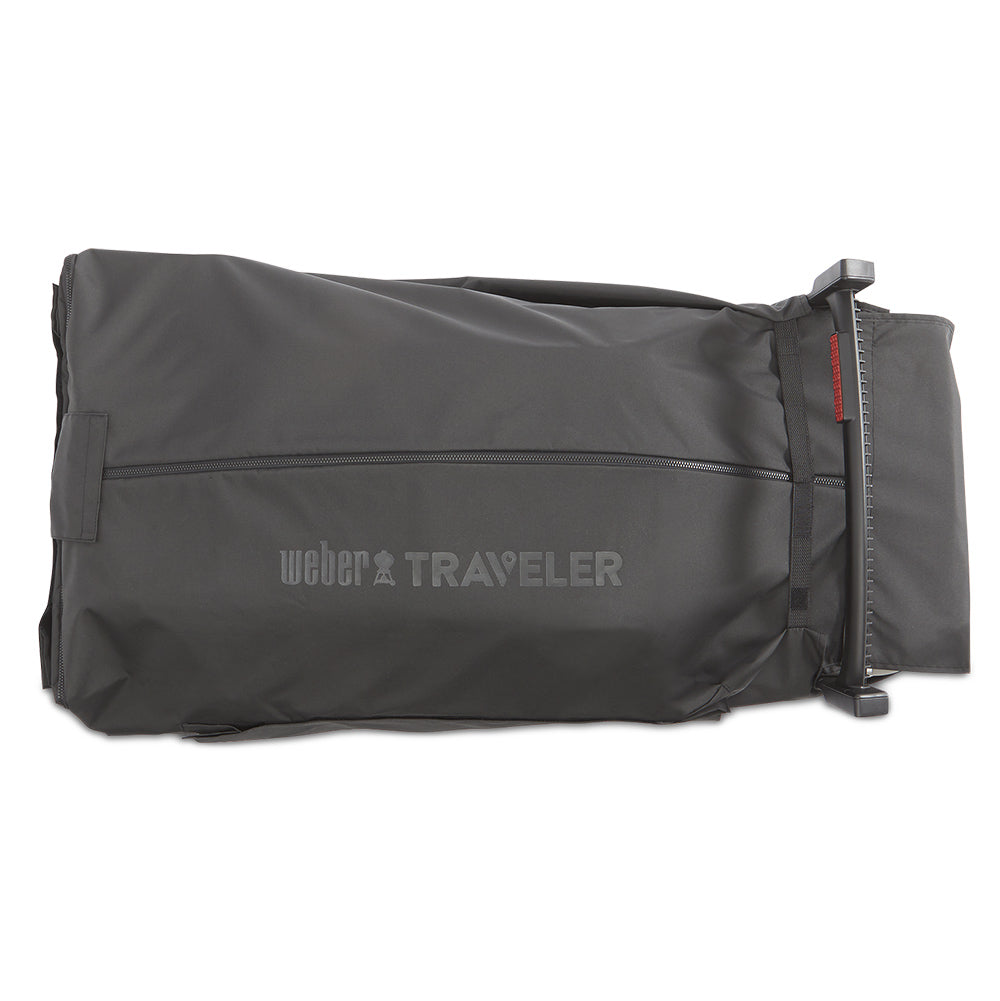 Grill cover and cargo protector with Weber Traveler logo and zipper closure, dark gray fabric