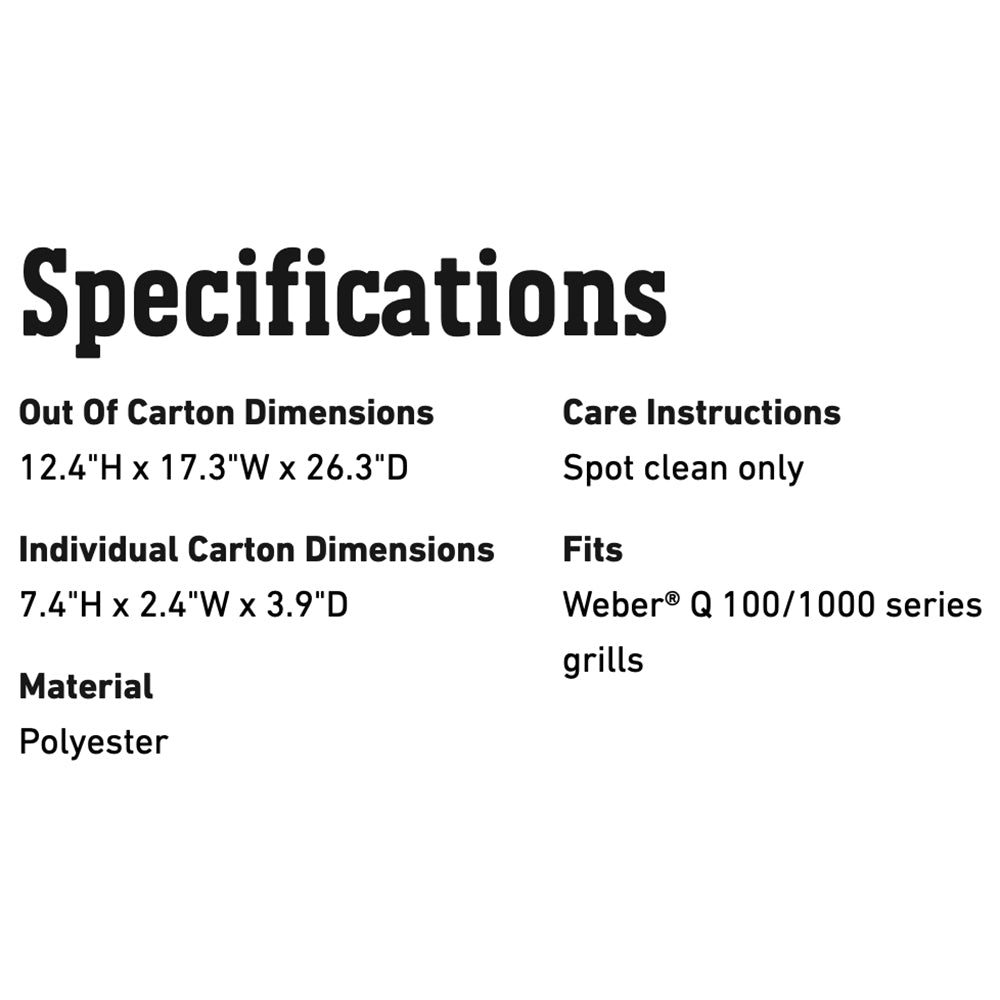 Grill cover specifications sheet: dimensions, care instructions, fits Q 100/1000