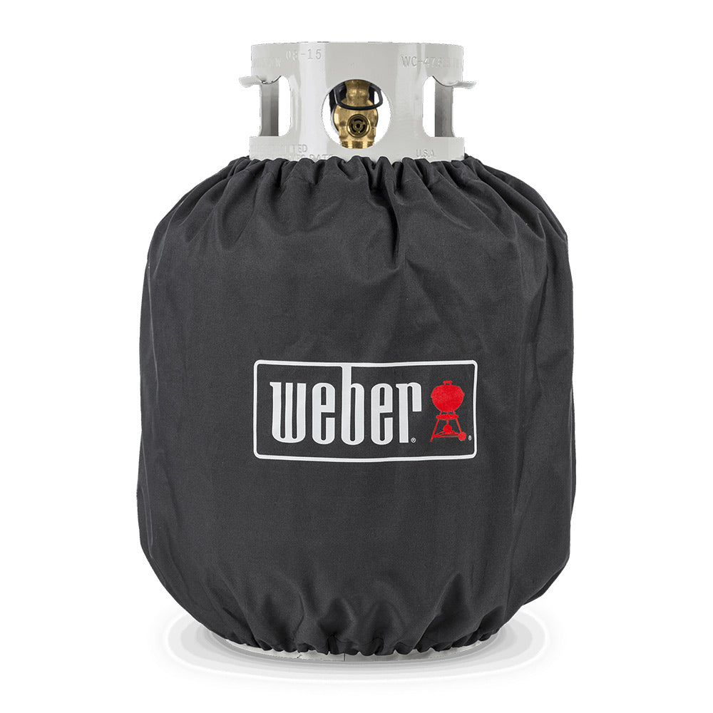 20 lb propane tank cover, dark gray fabric with drawstring and Weber logo