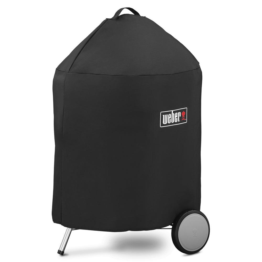 Round grill cover with handle and Weber logo, for 22-inch charcoal grill, dark fabric