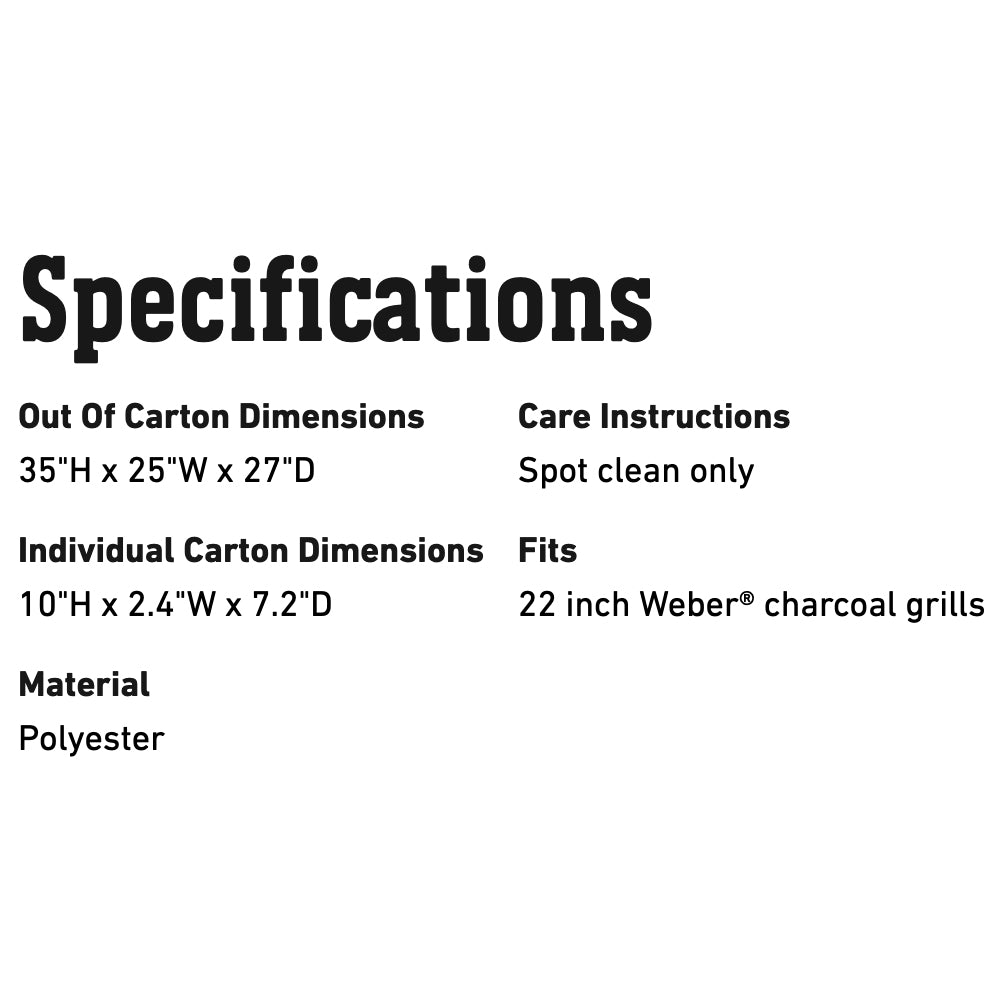 Specifications panel showing dimensions and spot-clean care instructions