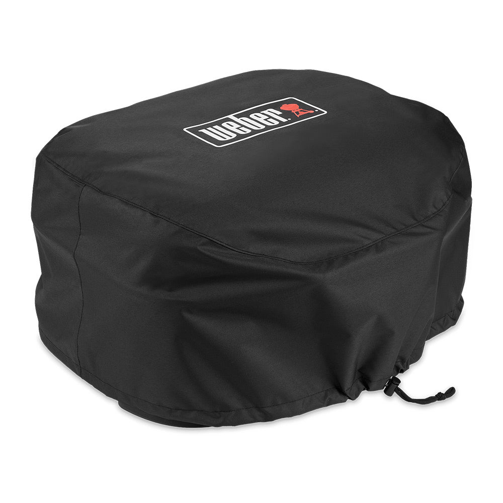Weber premium grill cover, black rounded top with Weber logo and side drawcord