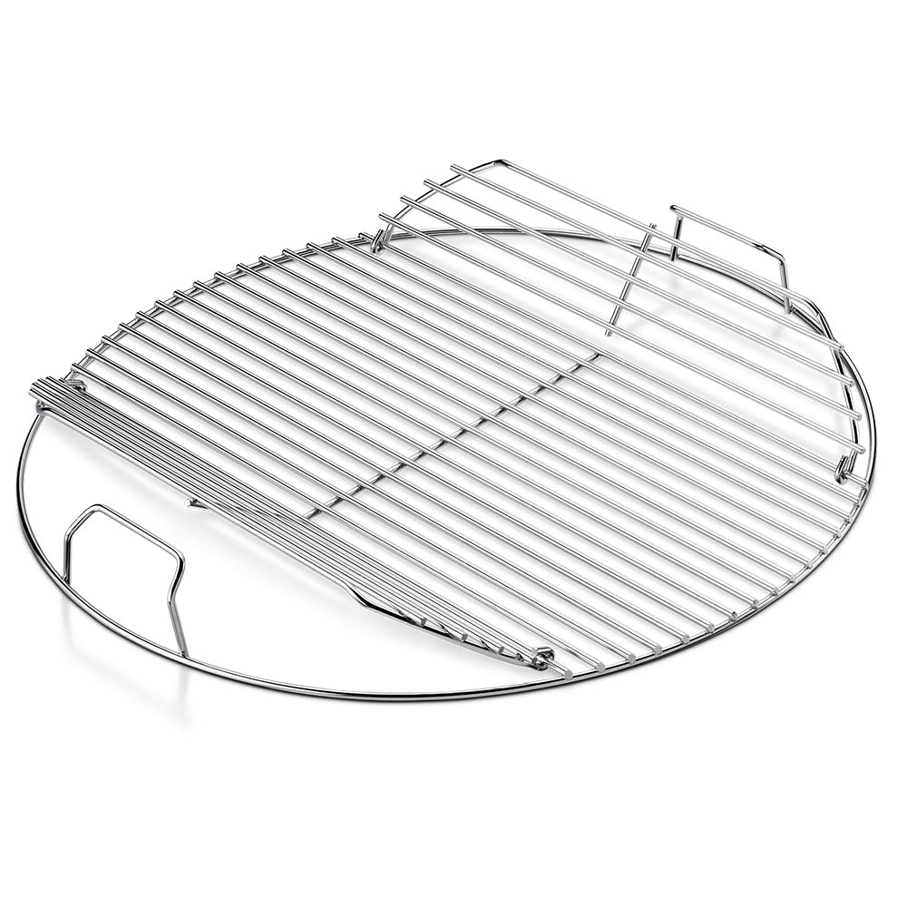 Hinged cooking grate for 18-inch charcoal grill, chrome wire bars with folding supports
