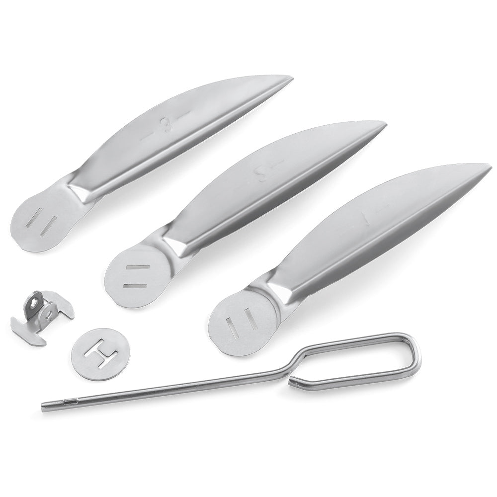 Weber charcoal grill cleaning tool set with three metal scrapers, handle rod, clips