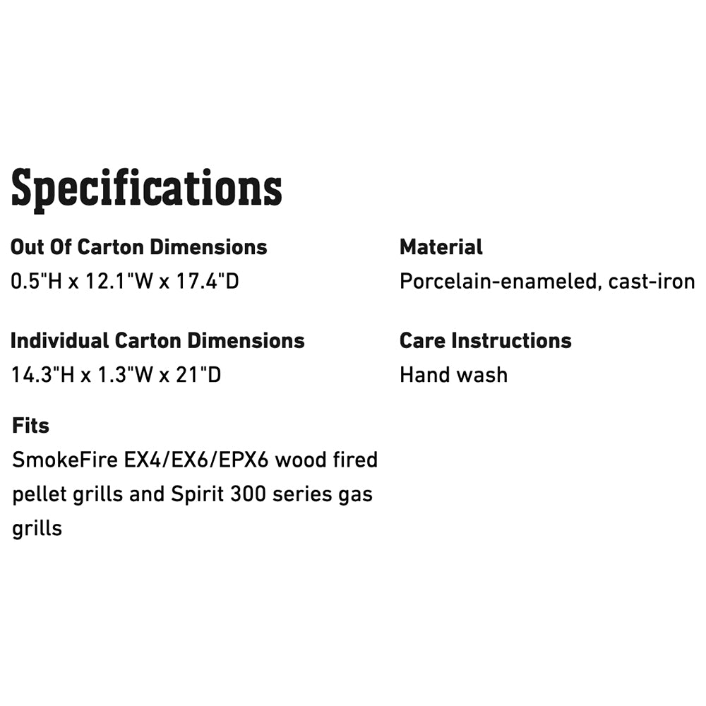 Specifications panel with dimensions and material: porcelain-enameled cast-iron; hand wash