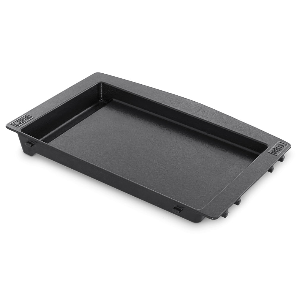 Weber griddle insert tray with raised edges and side handles, dark cast iron