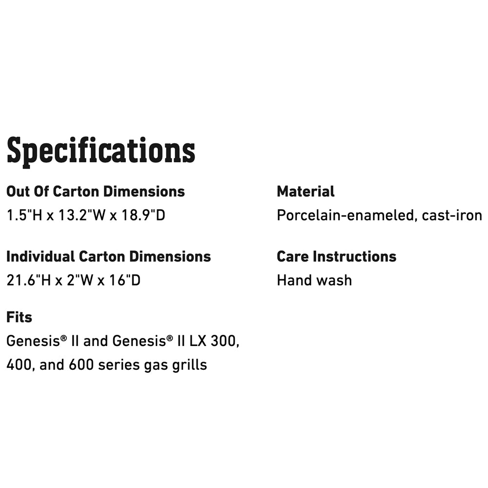 Griddle specifications: porcelain-enameled cast-iron, hand wash; fits Genesis II 300-600