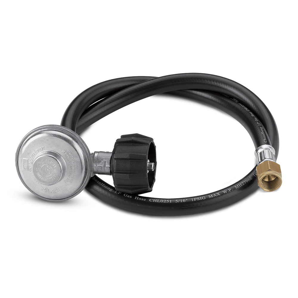 Gas grill hose and regulator kit with brass fitting, black hose, and regulator end cap.