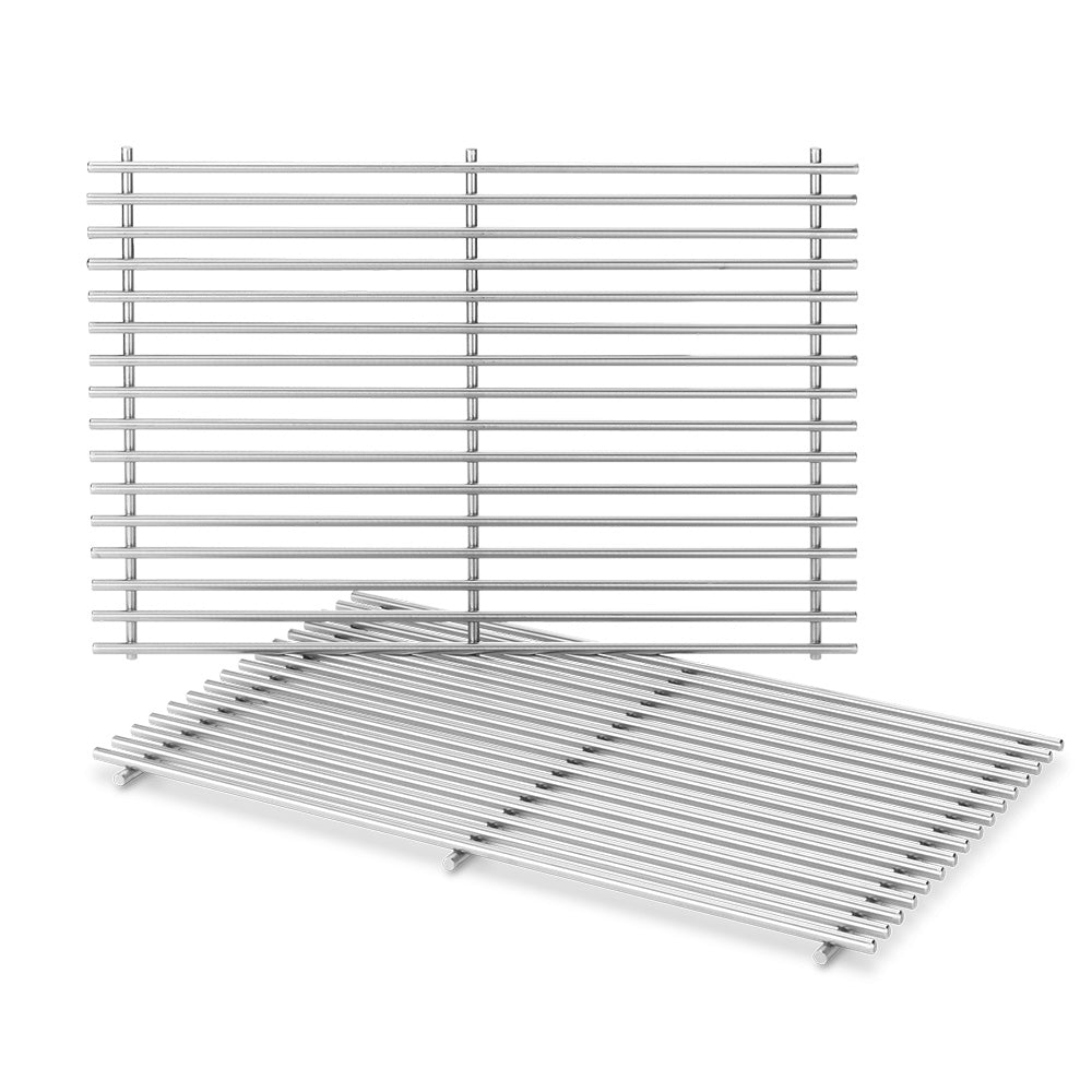 Stainless steel grill cooking grate set with parallel bars, flat and stacked pieces