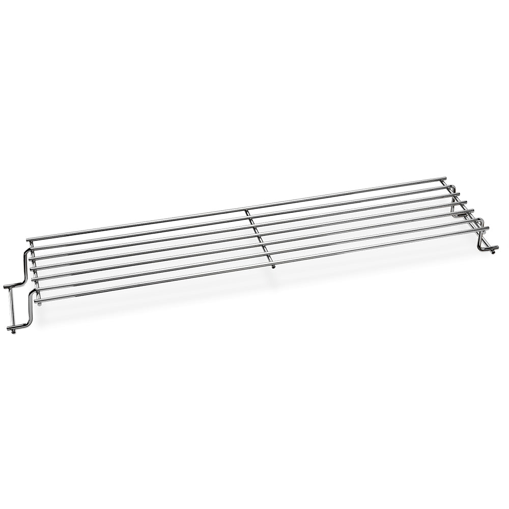 Metal warming rack with wire bars and side support hooks
