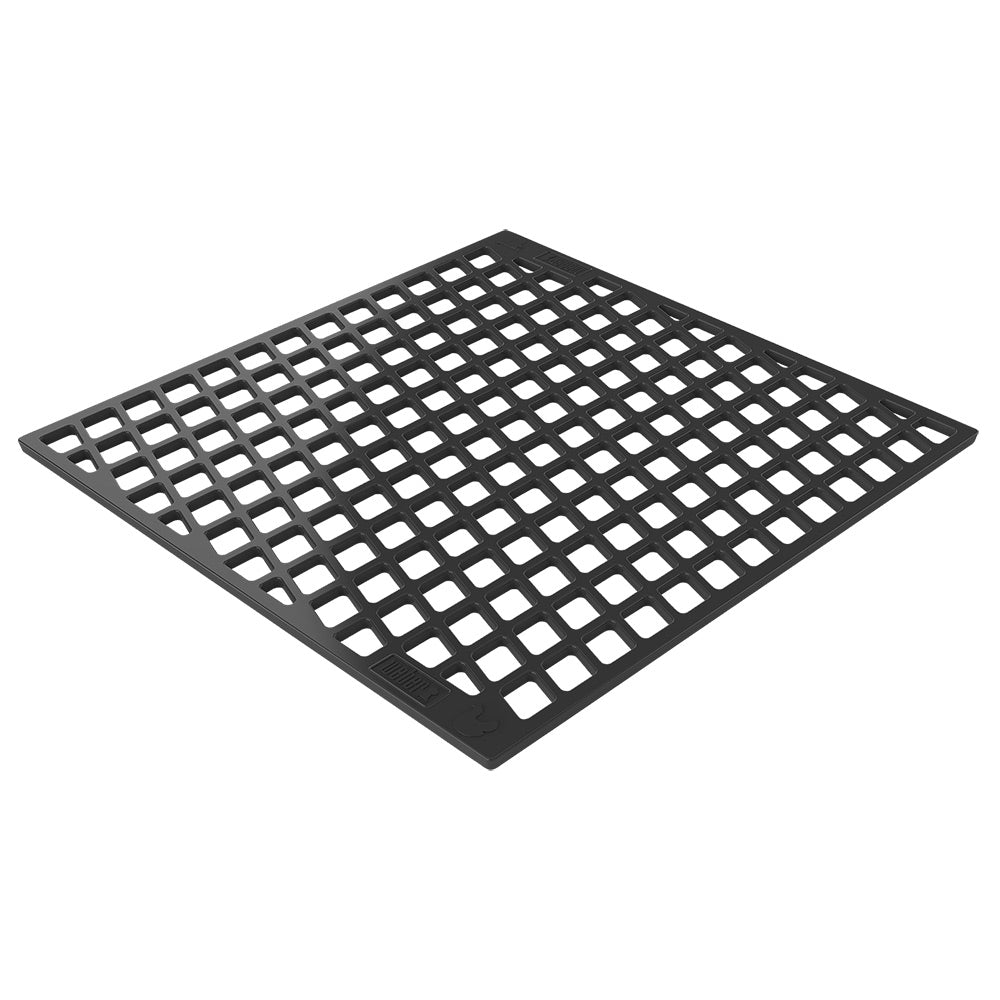 Dual-sided sear grate with black metal grid and rectangular frame