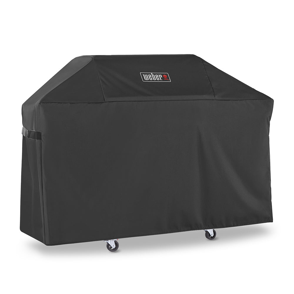 Weber grill cover with domed hood and side panels, dark gray polyester fabric