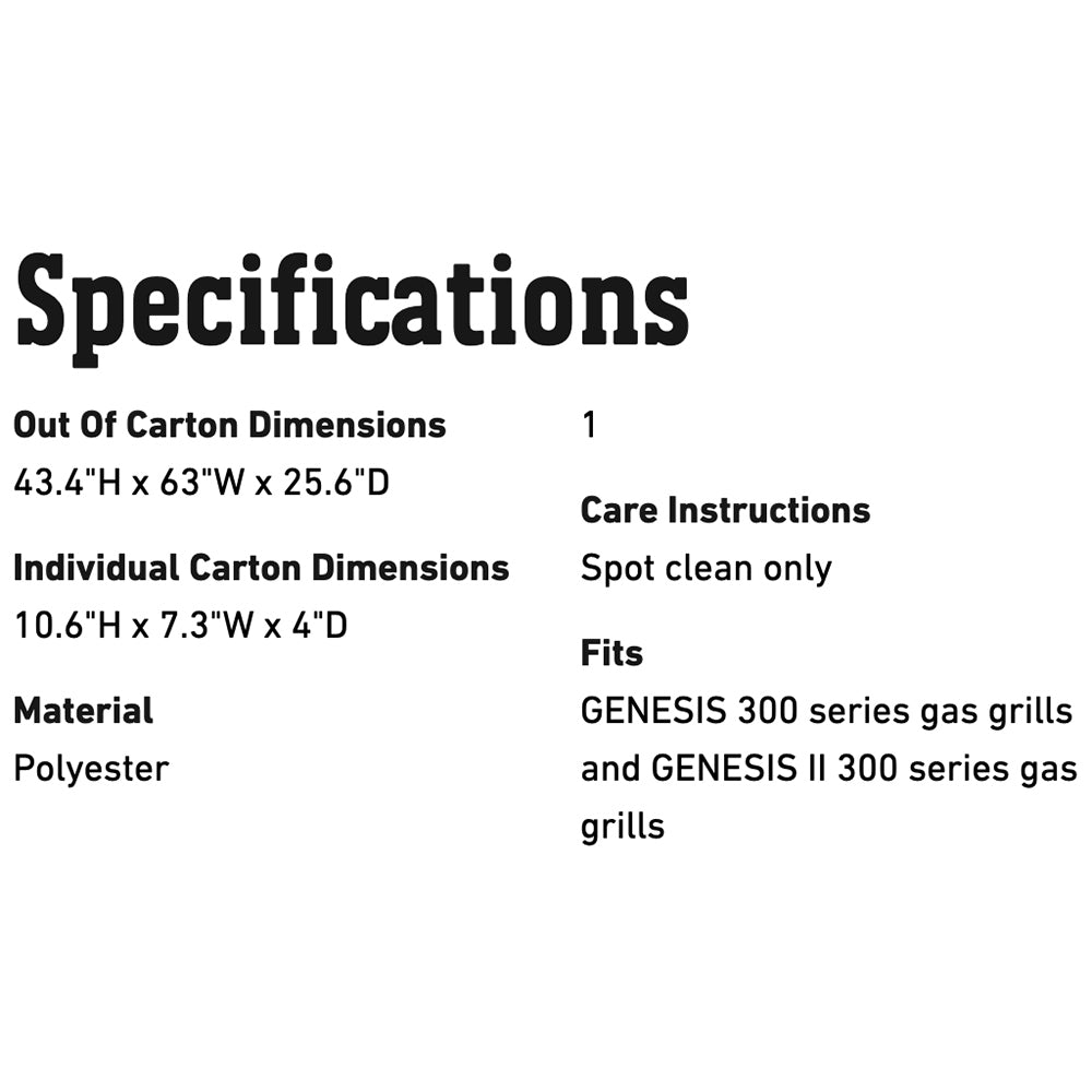 Specifications panel: polyester cover, spot clean only; fits Genesis 300 series grills