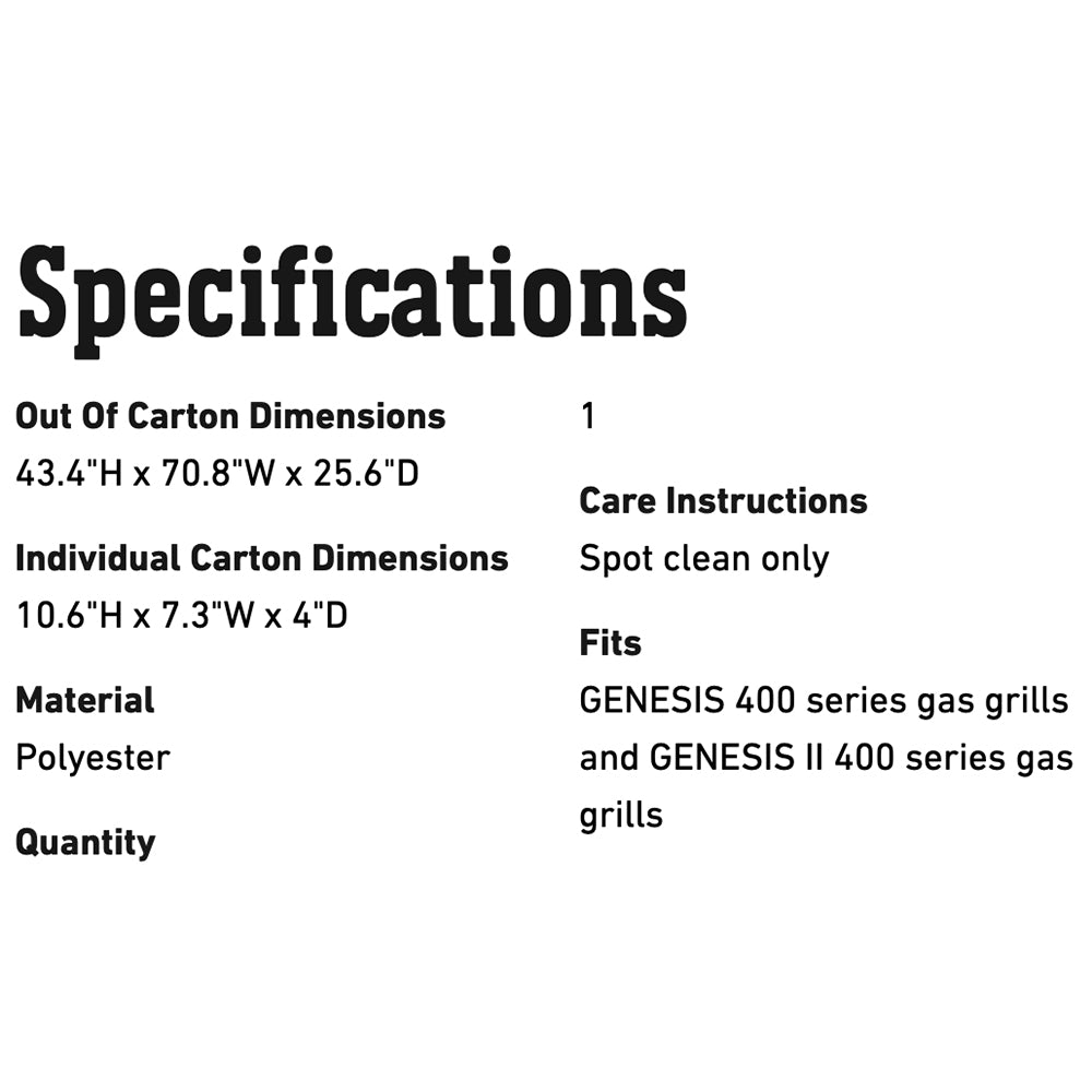 Grill cover specifications: dimensions, polyester material, spot clean only care