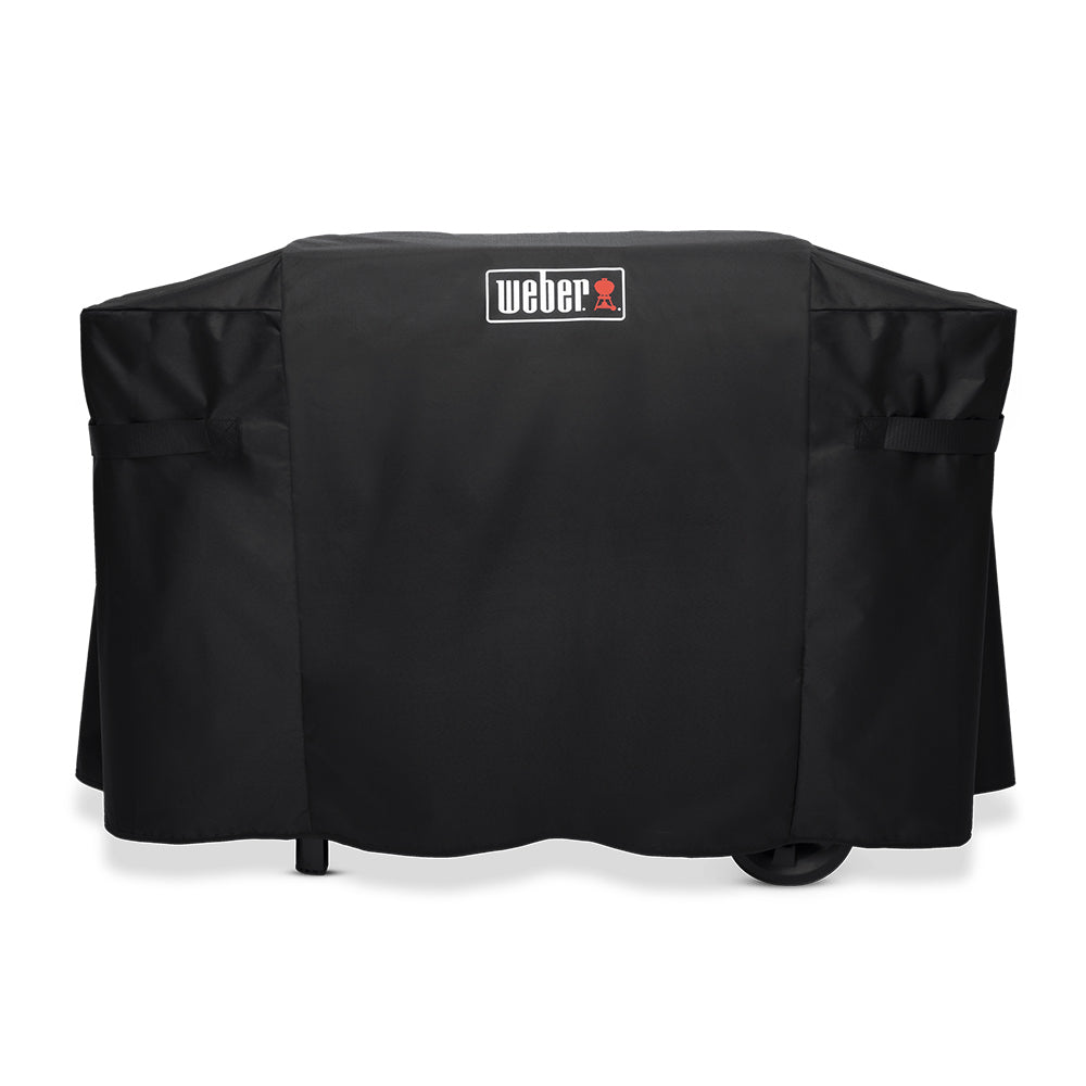 Black Weber griddle cover with logo patch and drawstring hem