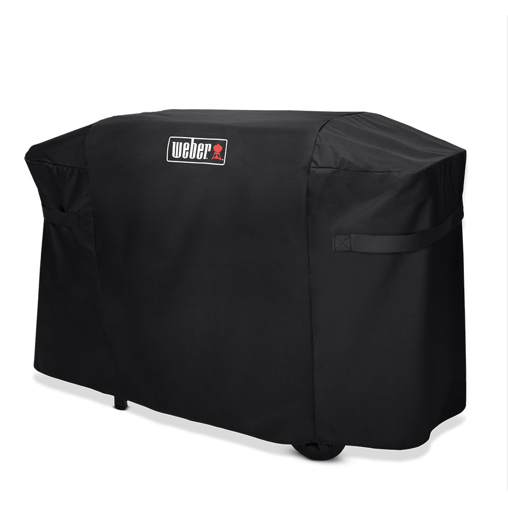 Black Weber griddle cover with side storage pocket and reinforced straps