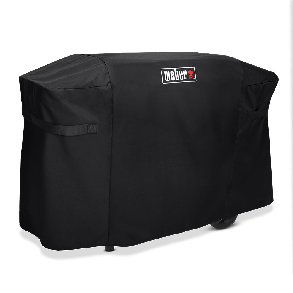 Black Weber griddle cover with side flap and curved top logo label