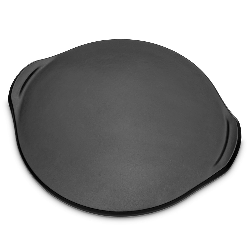 Weber grilling stone, dark gray glazed stoneware disc with raised rim and handles