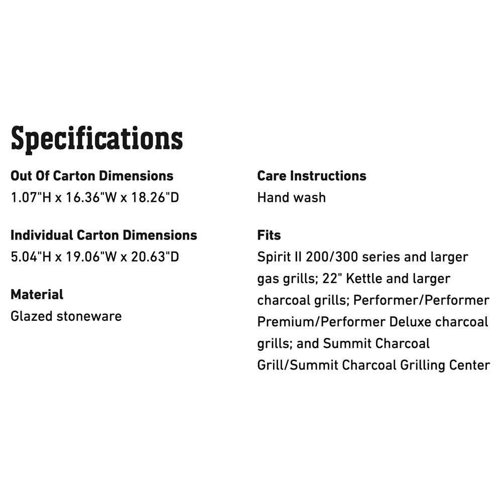 Glazed stoneware grilling stone specifications: dimensions and hand-wash care shown