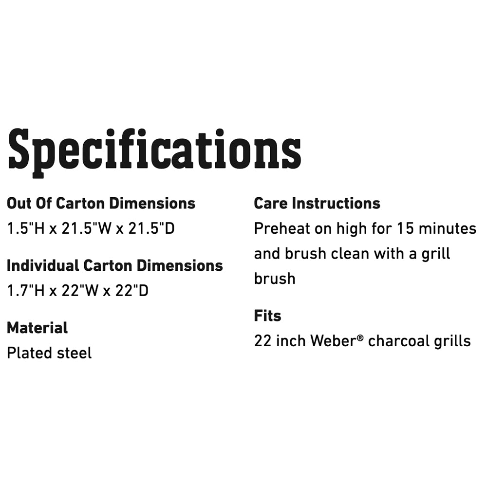 BBQ grill grate specifications: plated steel, fits 22-inch Weber charcoal grills
