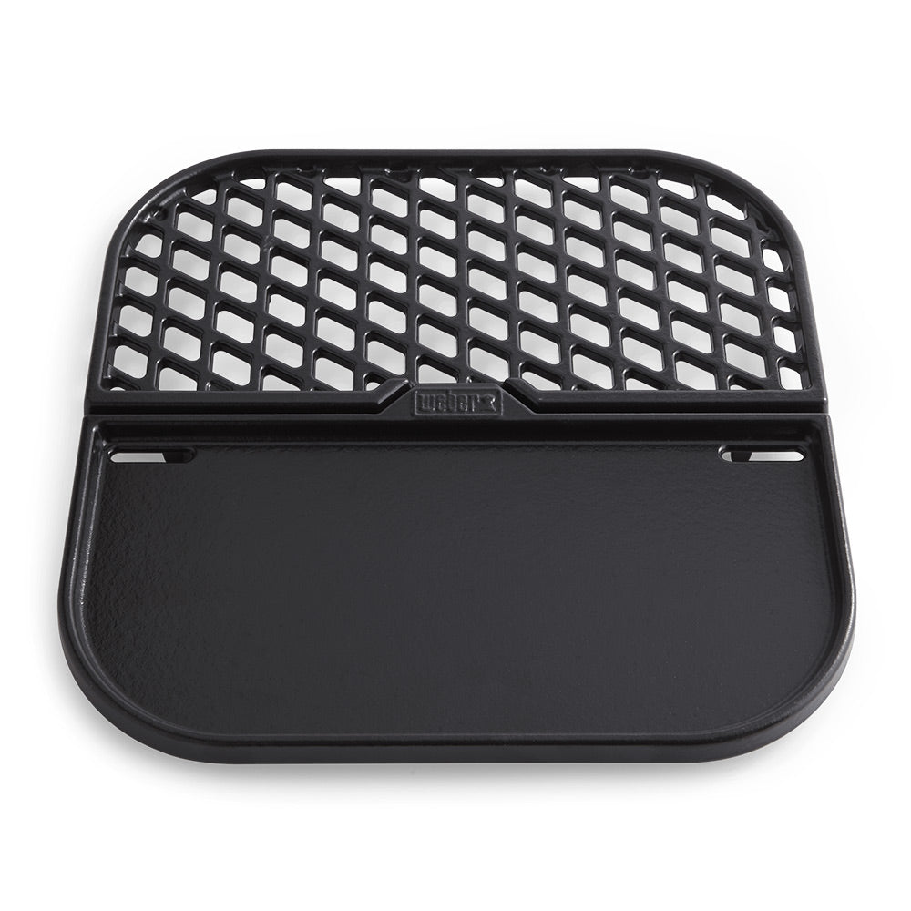 Black cast-iron griddle insert with raised grid pattern and side handle cutouts