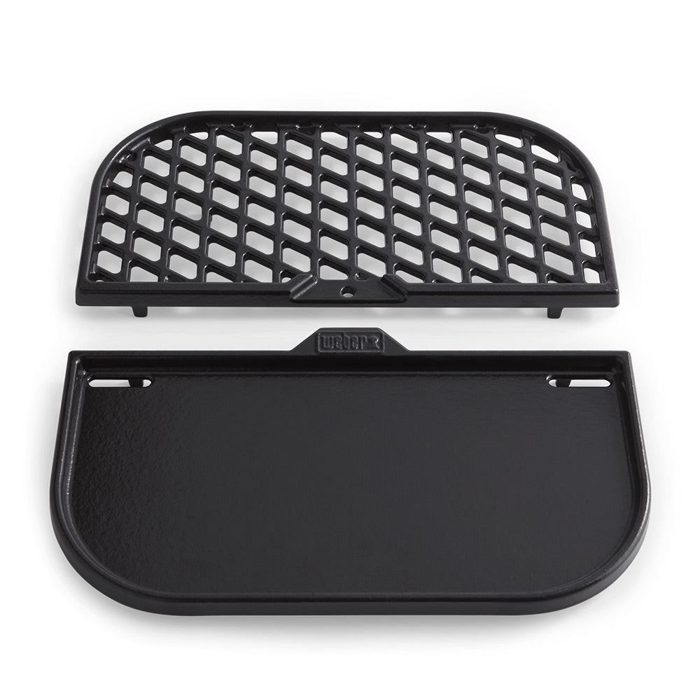 Black cast-iron griddle insert with central logo, grid top, and side slots